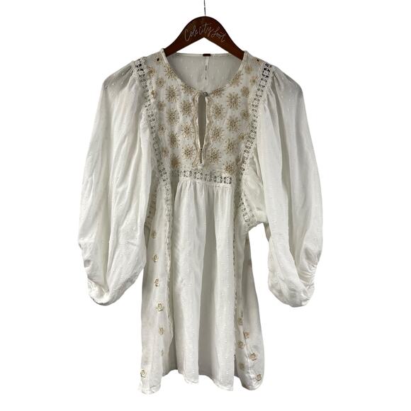 Free People White Puff Sleeve Mini Dress Tunic Sewn Boho XS - Picture 1 of 10